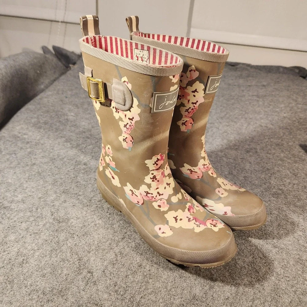 Joules‎ Rain Boots Womens Size 7 Brown Floral Mollywelly Rubber Wellies EU 38